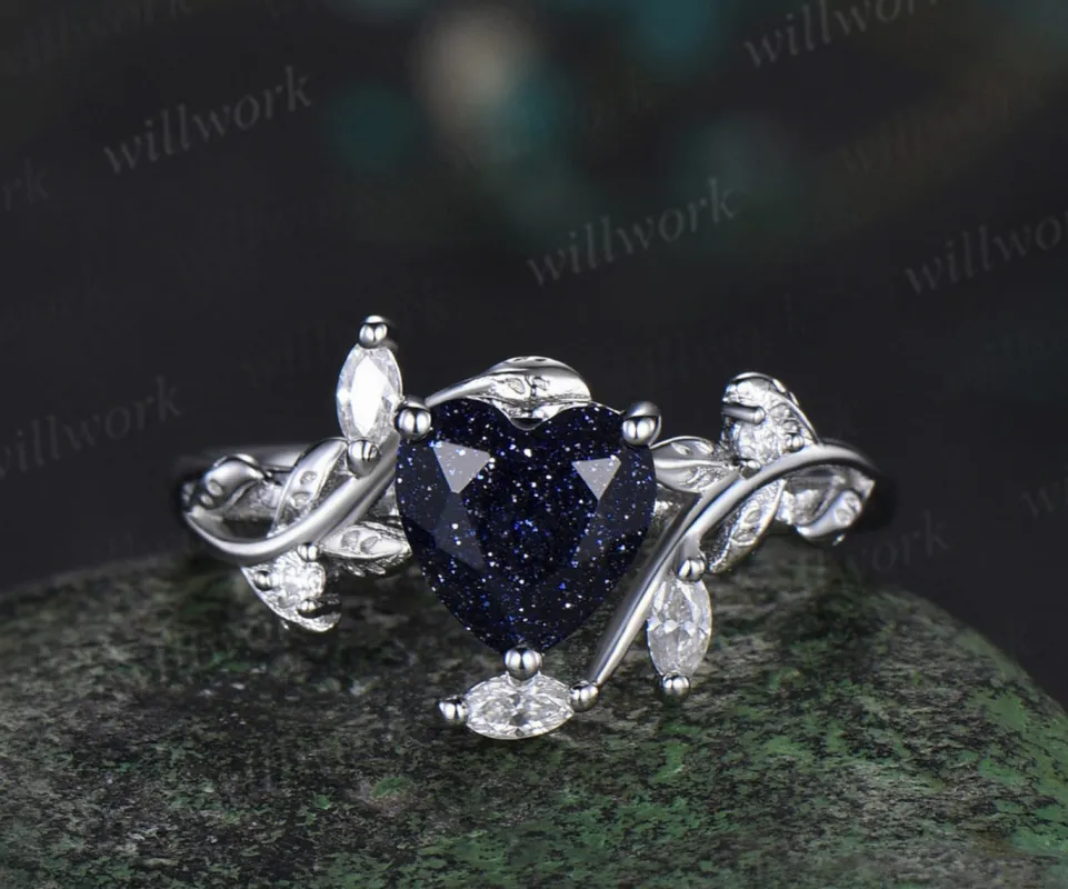 Vintage heart blue sandstone engagement ring white gold twig leaf Nature inspired marquise diamond anniversary ring women gift sold by Willwork Jewelry