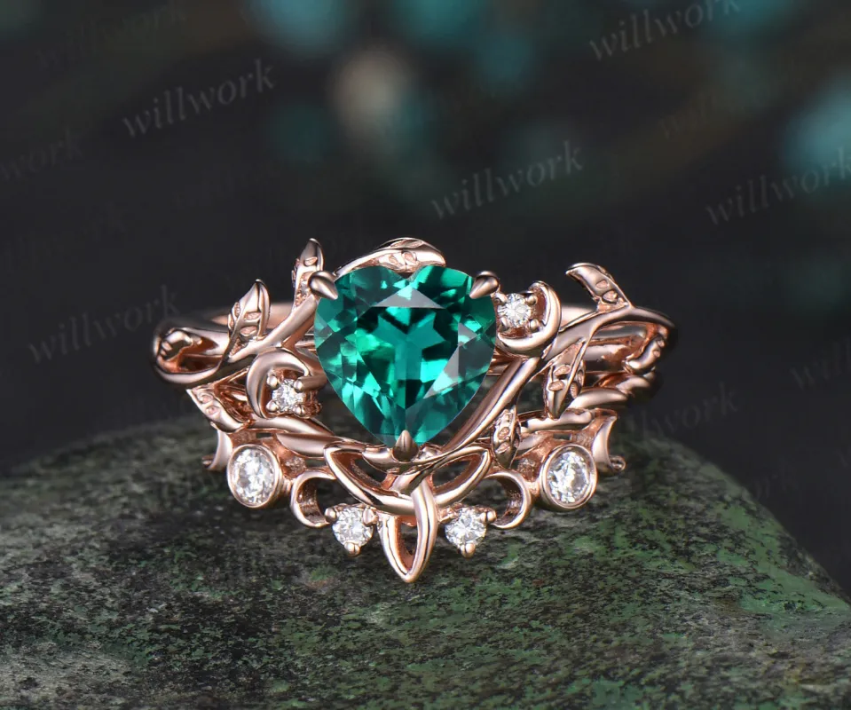 Vintage heart green emerald engagement ring rose gold twig leaf Nature inspired moon diamond Celtic knot wedding ring set sold by Willwork Jewelry
