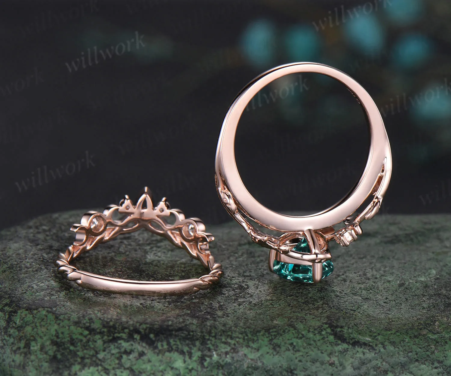 Vintage heart green emerald engagement ring rose gold twig leaf Nature inspired moon diamond Celtic knot wedding ring set sold by Willwork Jewelry product image thumbnail 5