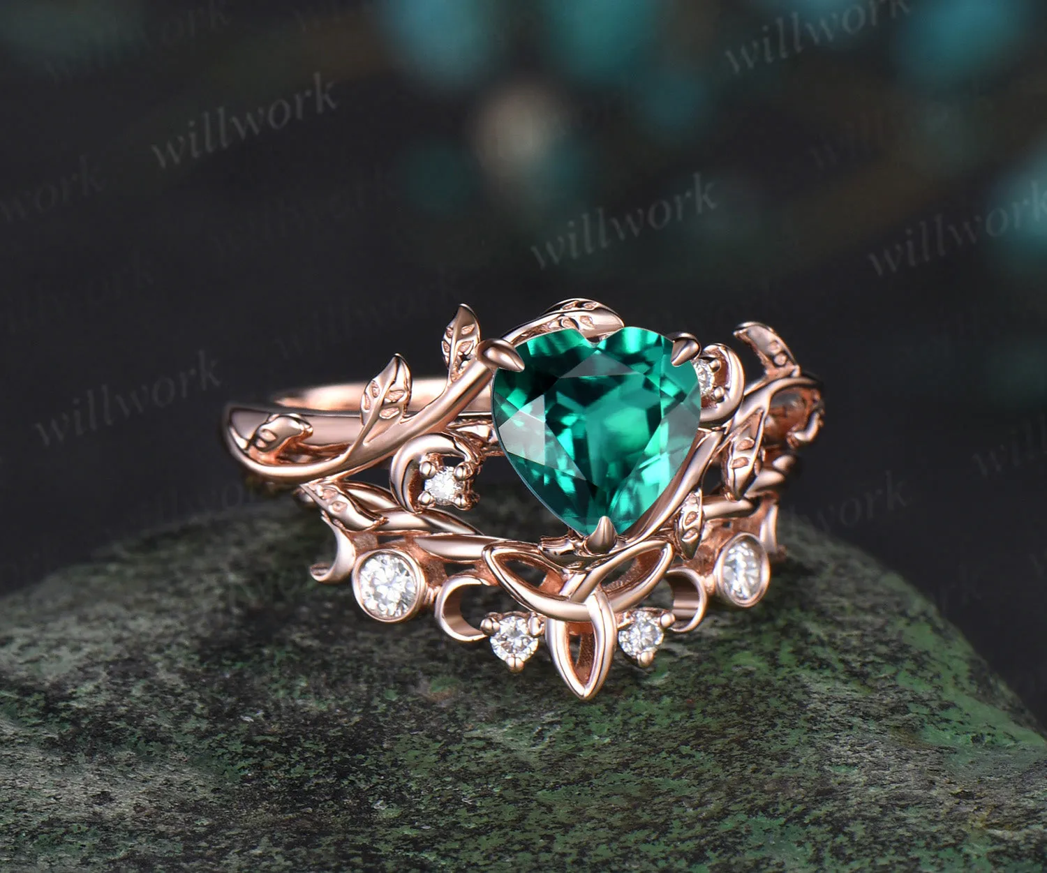Vintage heart green emerald engagement ring rose gold twig leaf Nature inspired moon diamond Celtic knot wedding ring set sold by Willwork Jewelry product image thumbnail 3