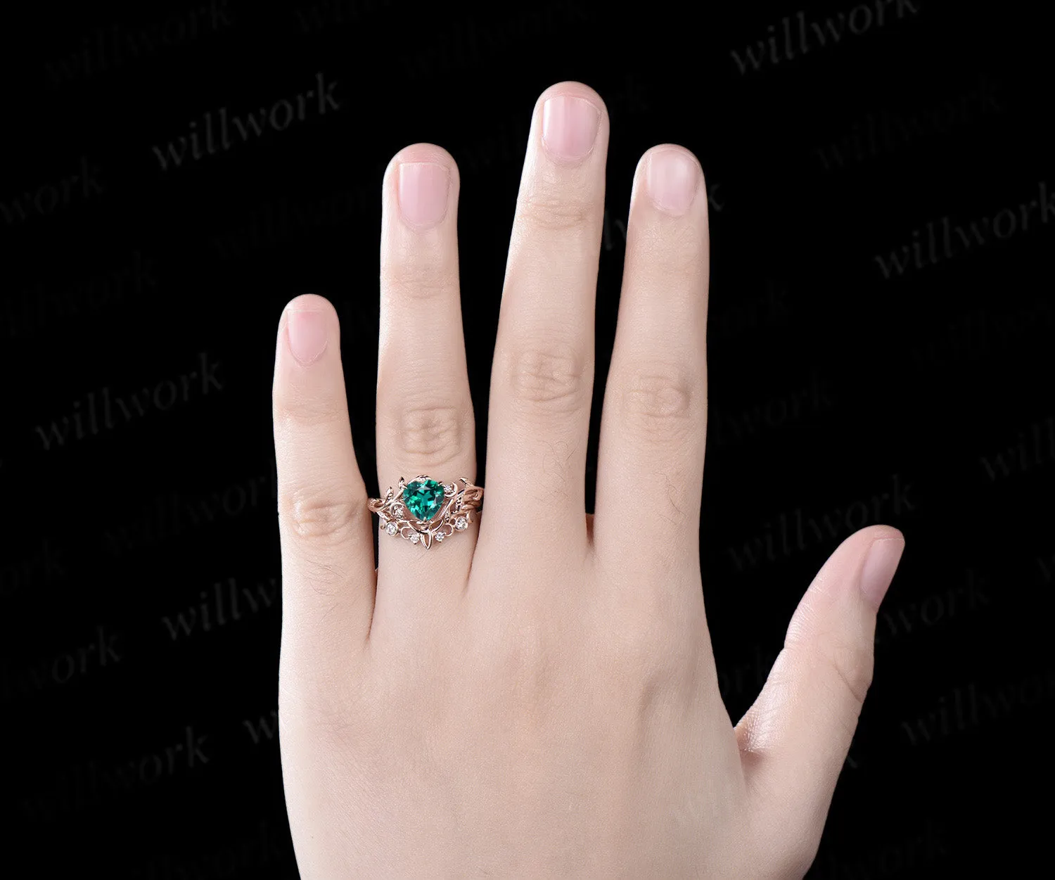 Vintage heart green emerald engagement ring rose gold twig leaf Nature inspired moon diamond Celtic knot wedding ring set sold by Willwork Jewelry product image thumbnail 2
