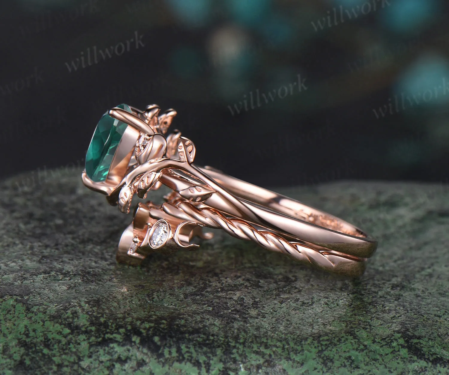 Vintage heart green emerald engagement ring rose gold twig leaf Nature inspired moon diamond Celtic knot wedding ring set sold by Willwork Jewelry product image thumbnail 4