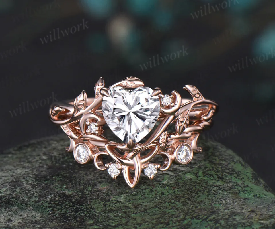 Vintage heart moissanite engagement ring rose gold twig leaf Nature inspired moon diaomnd Celtic knot wedding ring set sold by Willwork Jewelry