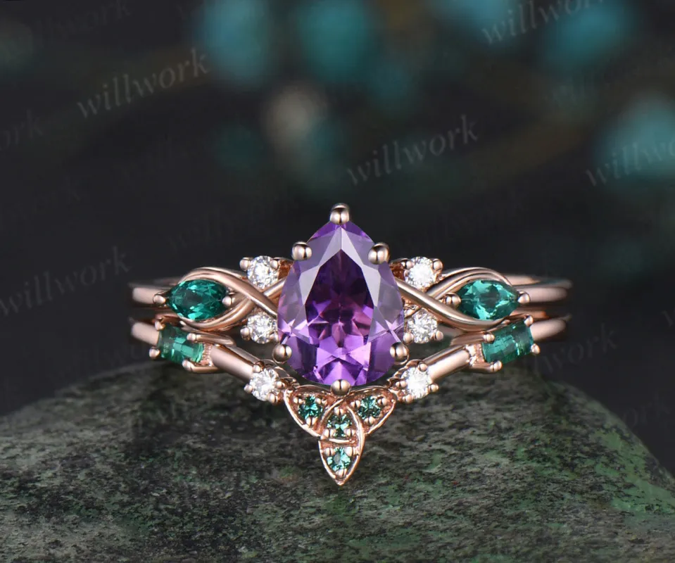 Pear purple amethyst engagement ring rose gold infinity twisted Celtic knot Baguette cut emerald February birthstone ring women gift sold by Willwork Jewelry