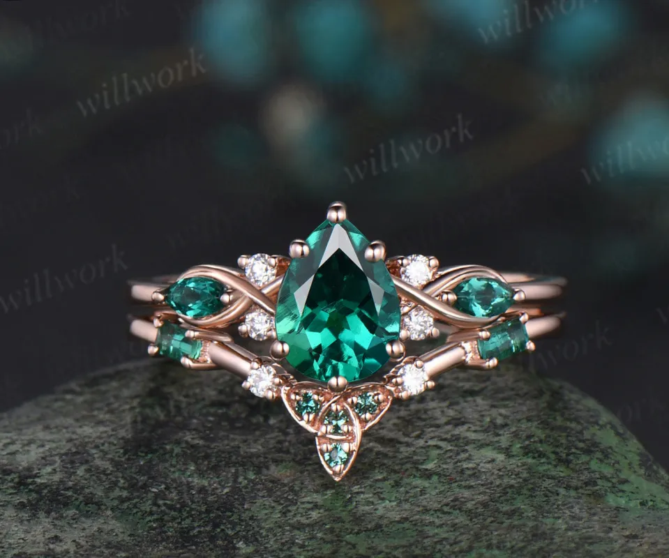 Pear cut green emerald engagement ring rose gold infinity twisted Celtic knot Baguette cut emerald ring women May birthstone ring gift sold by Willwork Jewelry