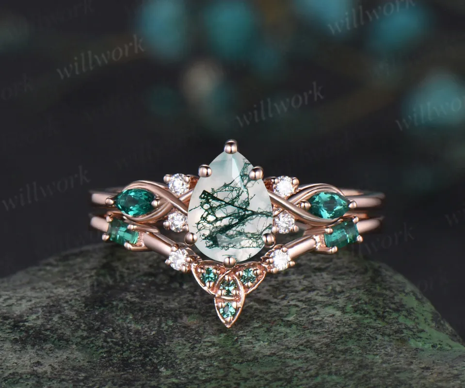 Pear green moss agate engagement ring rose gold infinity twisted Celtic knot Baguette cut emerald bridal ring set women sold by Willwork Jewelry
