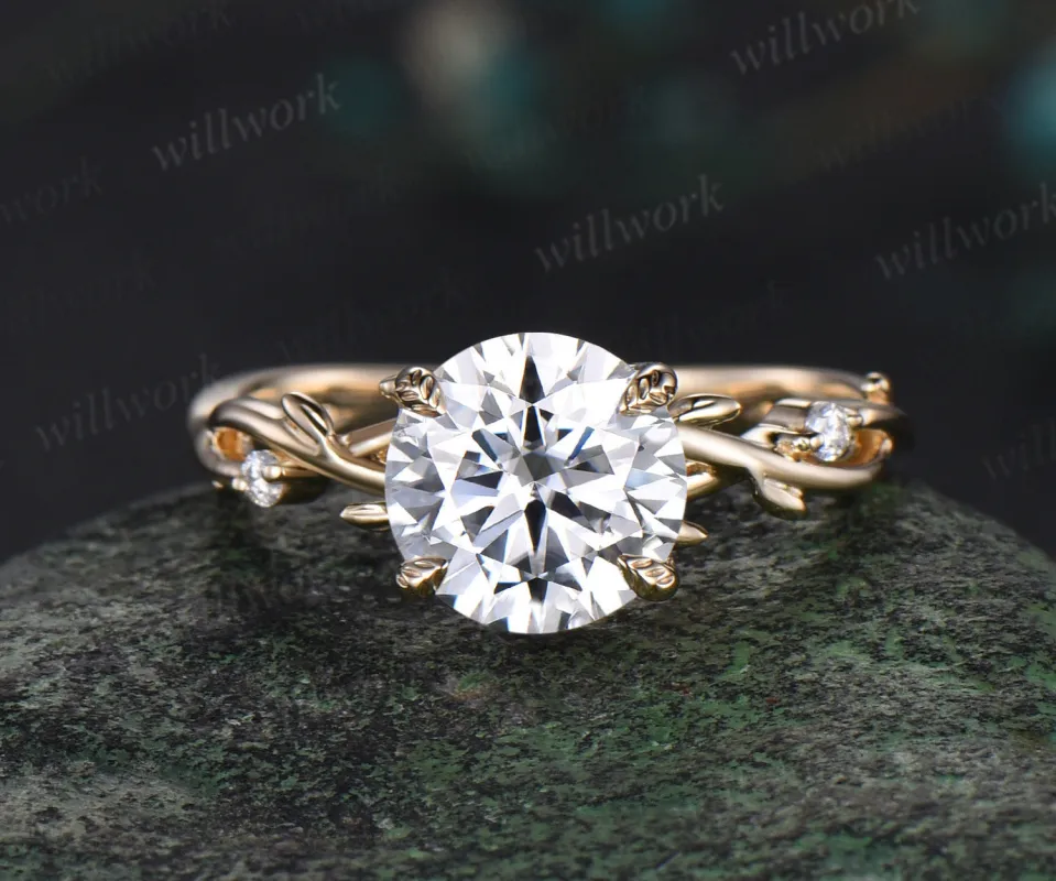 2ct Round cut moissanite engagement ring solid 14k yellow gold leaf claw prong three stone diamond promise wedding ring women sold by Willwork Jewelry