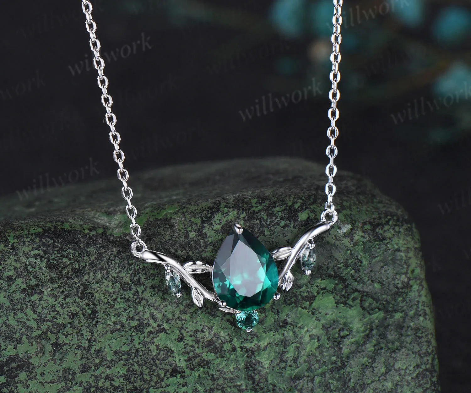 Pear shaped green emerald necklace solid 14k white gold four stone moss agate nature inspired leaf necklace anniversary gift women sold by Willwork Jewelry product image thumbnail 3