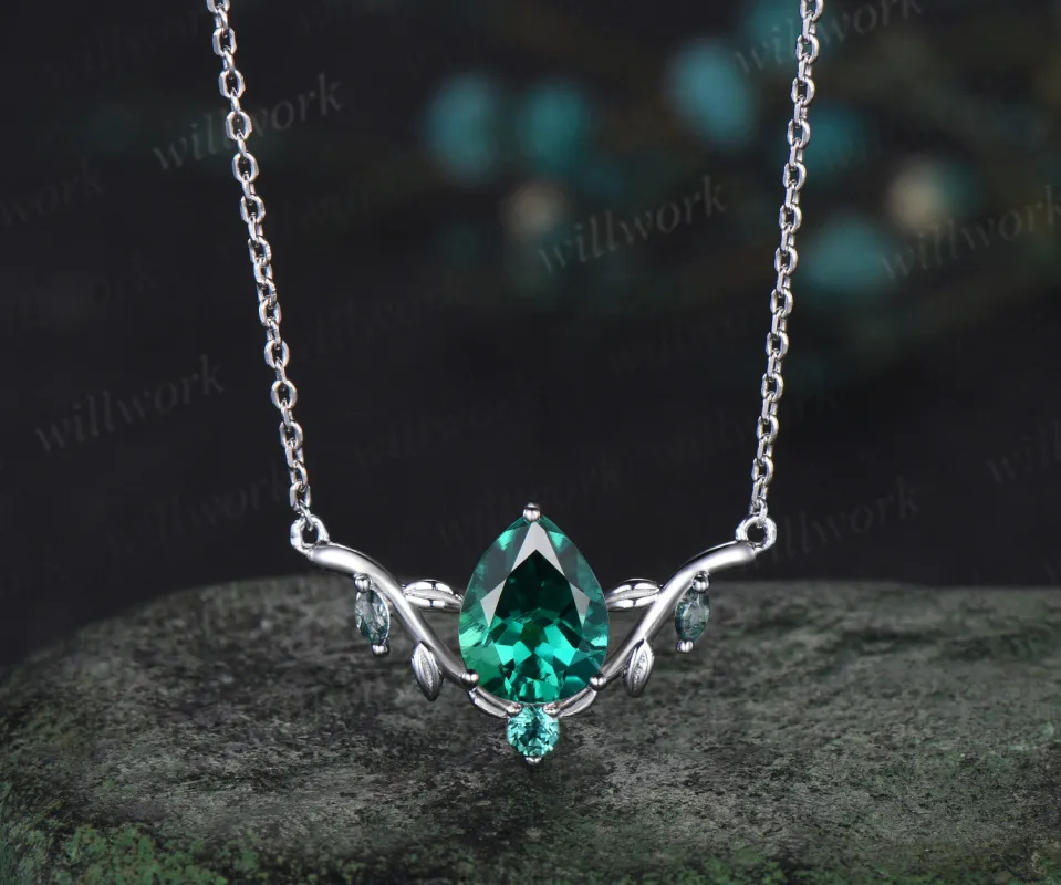 Pear shaped green emerald necklace solid 14k white gold four stone moss agate nature inspired leaf necklace anniversary gift women sold by Willwork Jewelry