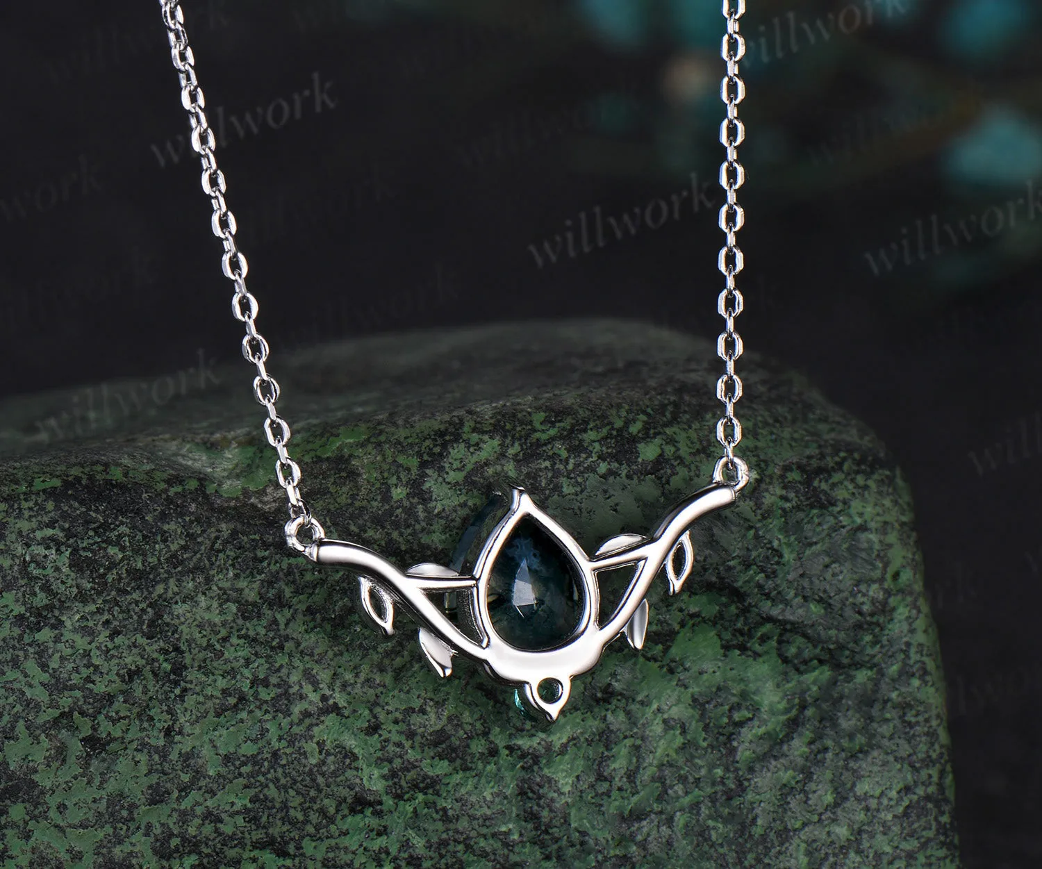 Pear shaped green emerald necklace solid 14k white gold four stone moss agate nature inspired leaf necklace anniversary gift women sold by Willwork Jewelry product image thumbnail 4