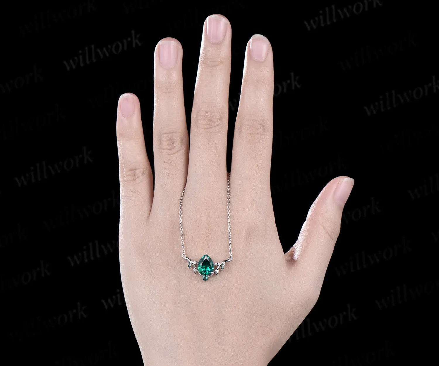 Pear shaped green emerald necklace solid 14k white gold four stone moss agate nature inspired leaf necklace anniversary gift women sold by Willwork Jewelry product image thumbnail 2
