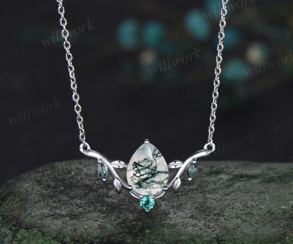 Pear shaped green moss agate necklace solid 14k white gold four stone nature inspired leaf emerald necklace anniversary gift women sold by Willwork Jewelry