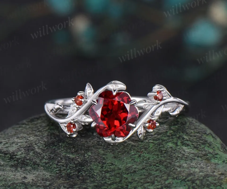 Floral shaped red garnet engagement ring white gold leaf nature inspired five stone January birthstone ring women gift sold by Willwork Jewelry