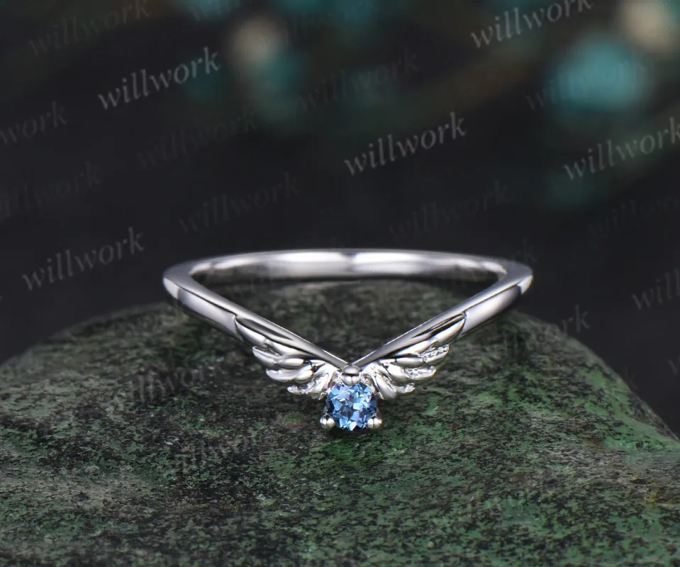 Curved alexandrite wedding band 14k white gold wing stacking anniversary wedding ring women gift sold by Willwork Jewelry