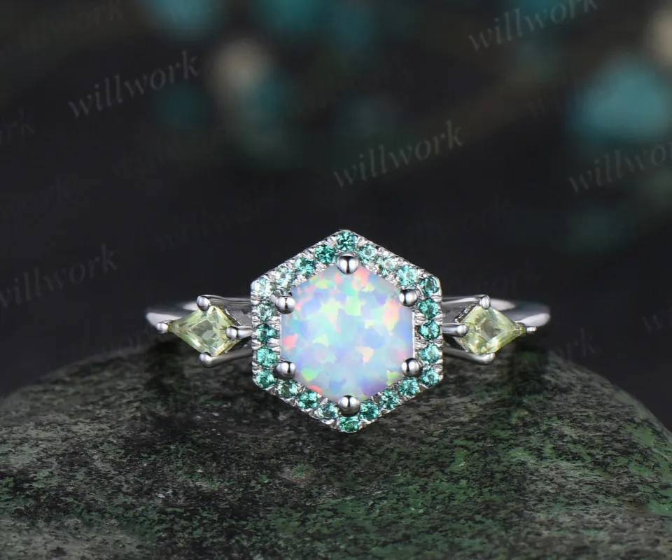 Hexagon Cut white opal Engagement Ring white gold halo emerald ring kite peridot anniversary wedding ring women gift For Her sold by Willwork Jewelry