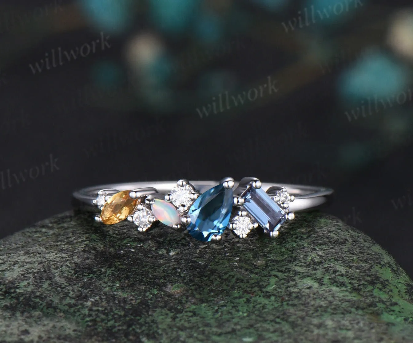 14k white gold pear London blue topaz alexandrite opal citrine moissanite wedding band Multi-Stone Ring anniversary engagement ring gift sold by Willwork Jewelry