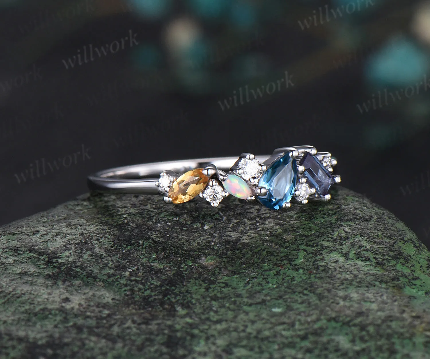 14k white gold pear London blue topaz alexandrite opal citrine moissanite wedding band Multi-Stone Ring anniversary engagement ring gift sold by Willwork Jewelry product image thumbnail 3