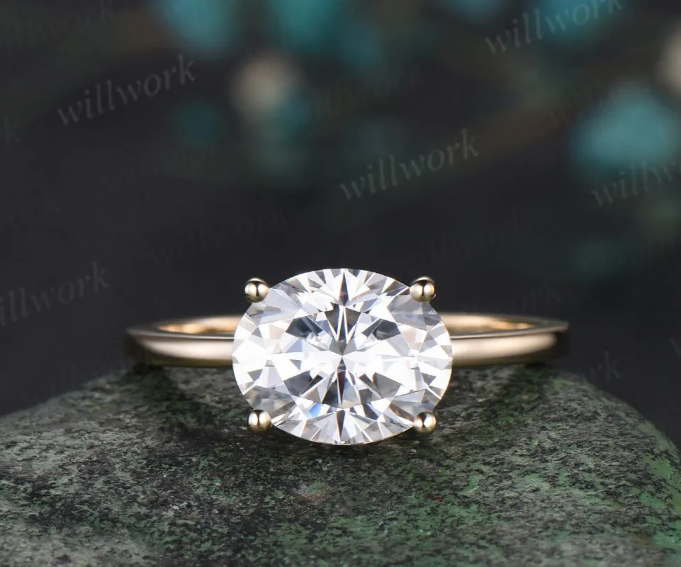 3ct oval cut moissanite engagement ring 14k yellow gold Solitaire East To West unique wedding promise ring women sold by Willwork Jewelry