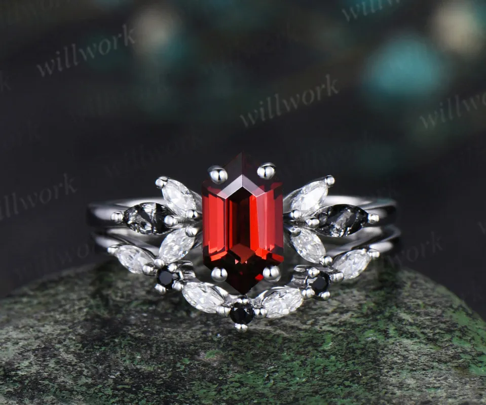 Long hexagon cut red garnet engagement ring 14k white gold cluster marquise black rutilated quartz diamond anniversary wedding ring set women sold by Willwork Jewelry