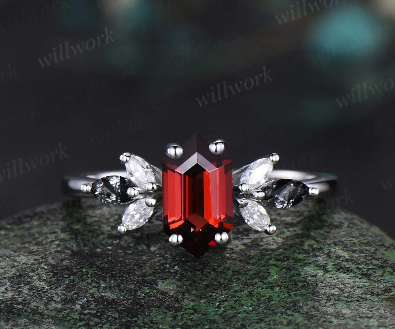 Long hexagon cut red garnet engagement ring 14k white gold cluster marquise black rutilated quartz diamond anniversary wedding ring set women sold by Willwork Jewelry product image thumbnail 5