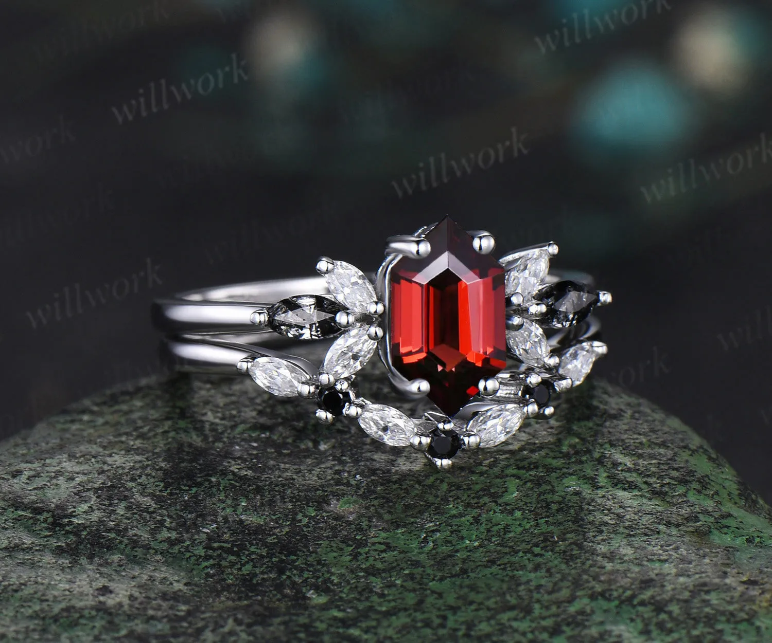 Long hexagon cut red garnet engagement ring 14k white gold cluster marquise black rutilated quartz diamond anniversary wedding ring set women sold by Willwork Jewelry product image thumbnail 3
