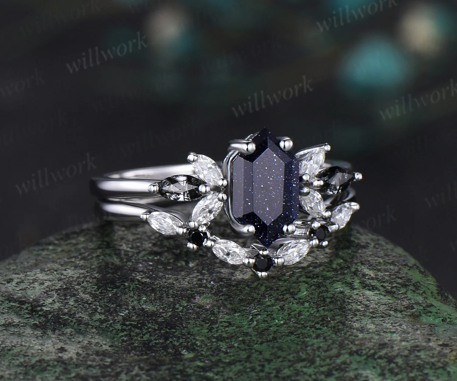 Long hexagon blue sandstone engagement ring 14k white gold cluster black rutilated quartz diamond anniversary wedding ring set women gift sold by Willwork Jewelry product image thumbnail 3