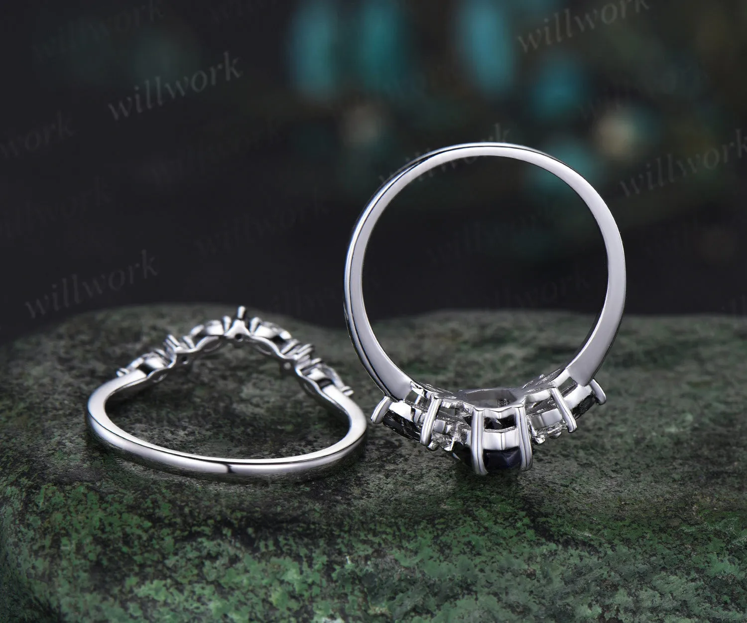 Long hexagon blue sandstone engagement ring 14k white gold cluster black rutilated quartz diamond anniversary wedding ring set women gift sold by Willwork Jewelry product image thumbnail 4