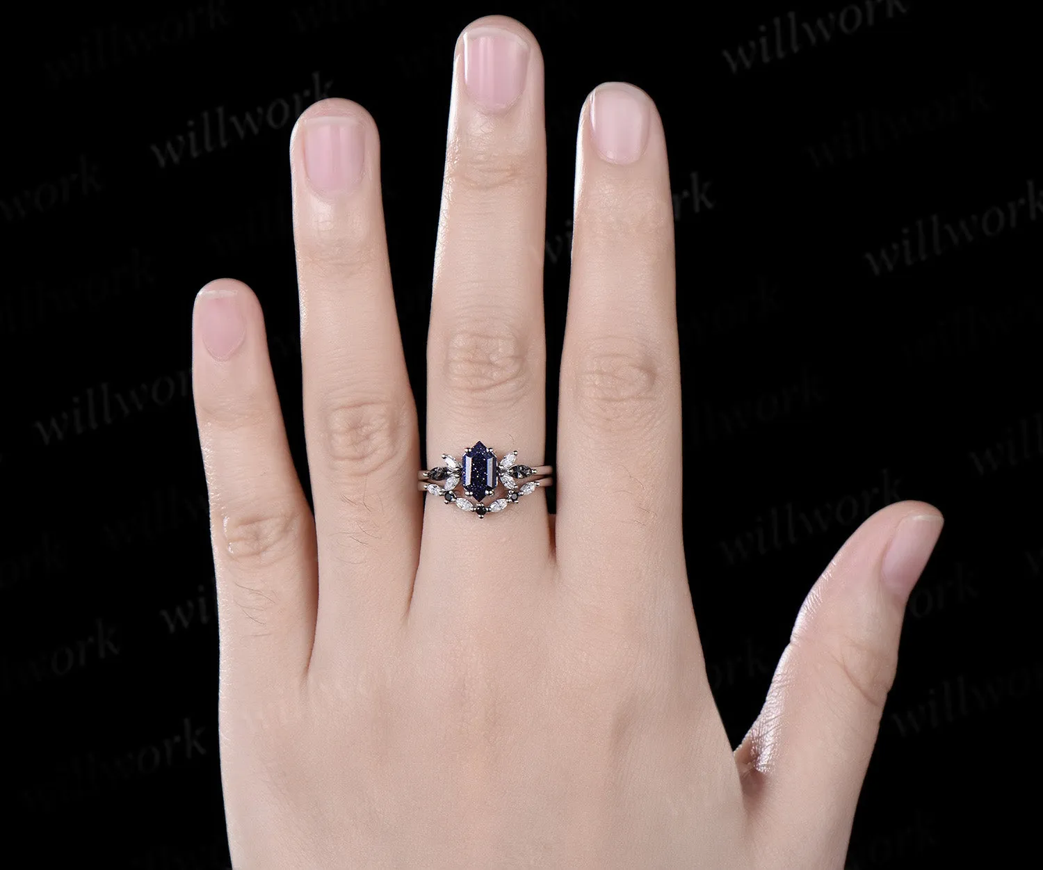 Long hexagon blue sandstone engagement ring 14k white gold cluster black rutilated quartz diamond anniversary wedding ring set women gift sold by Willwork Jewelry product image thumbnail 2
