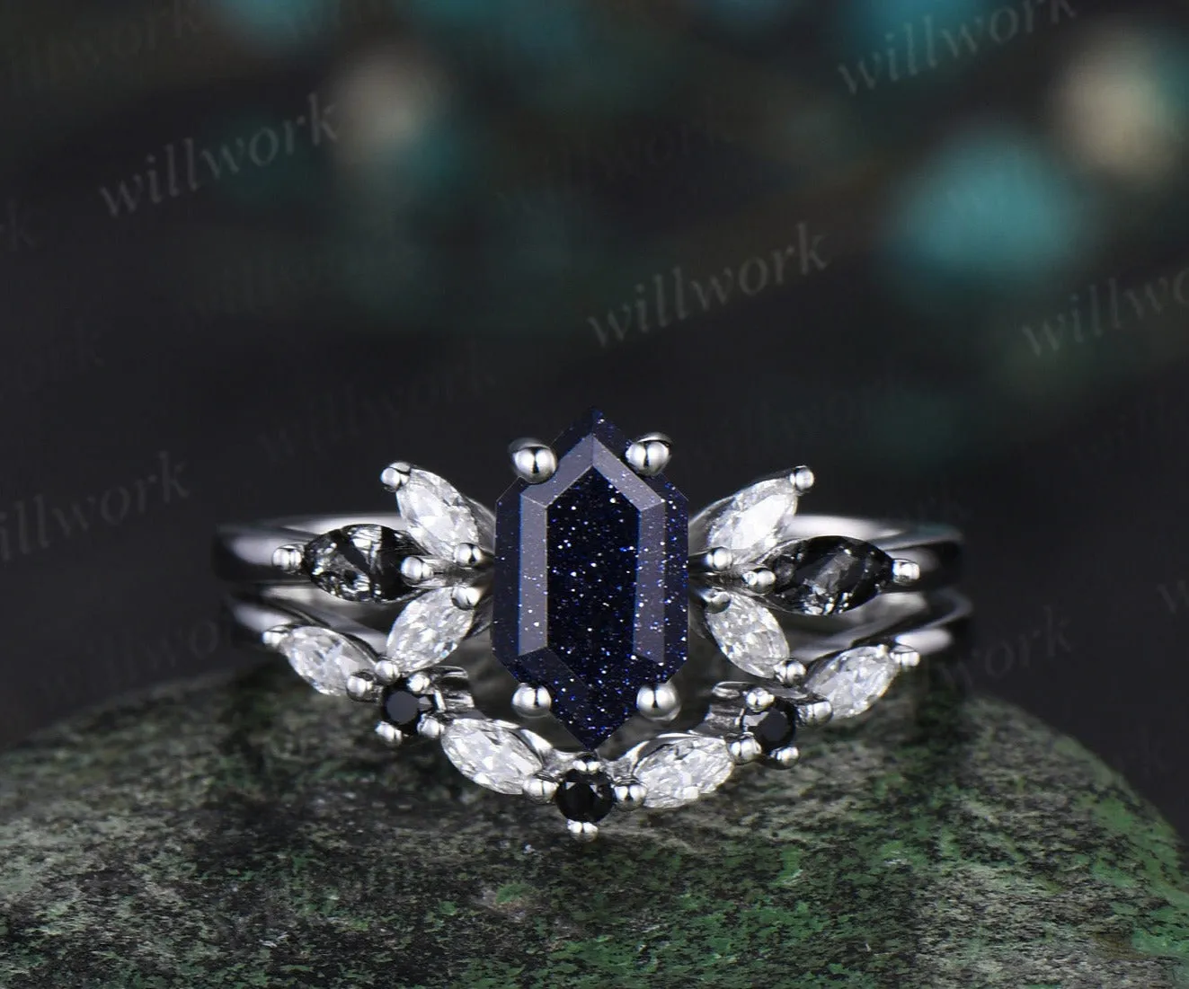 Long hexagon blue sandstone engagement ring 14k white gold cluster black rutilated quartz diamond anniversary wedding ring set women gift sold by Willwork Jewelry