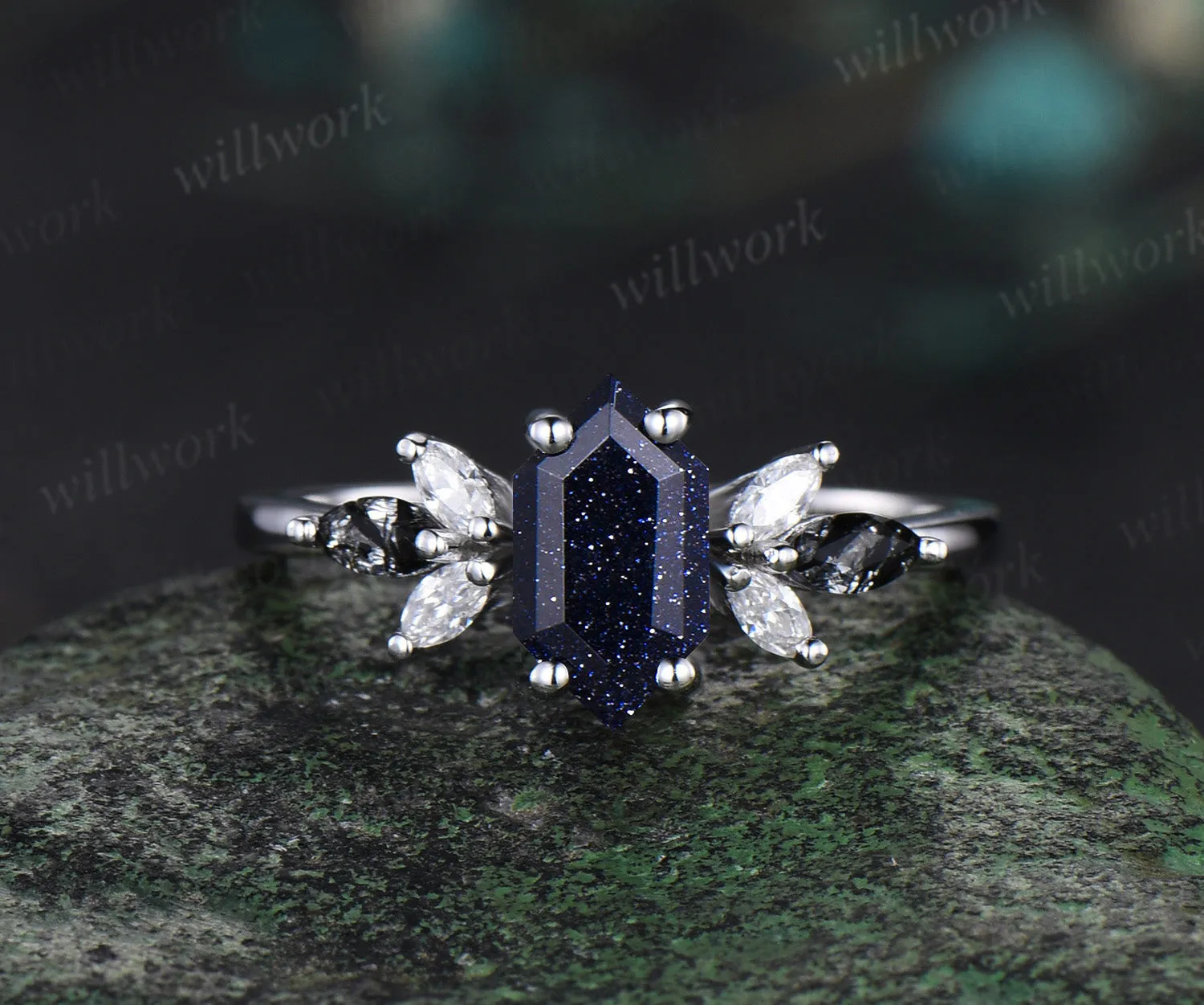 Long hexagon blue sandstone engagement ring 14k white gold cluster black rutilated quartz diamond anniversary wedding ring set women gift sold by Willwork Jewelry product image thumbnail 5