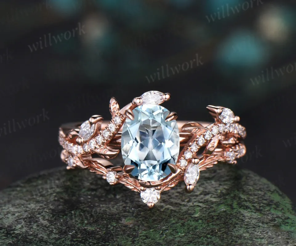 Vintage Oval aquamarine opal engagement ring rose gold art deco leaf nature inspired half eternity diamond anniversary ring women gift sold by Willwork Jewelry