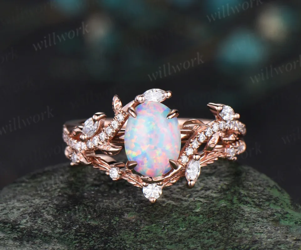 Vintage Oval white opal engagement ring rose gold art deco leaf nature inspired half eternity diamond anniversary ring women gift made by Willwork Jewelry