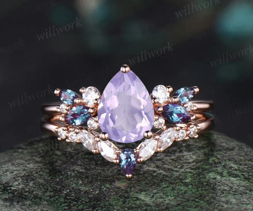 Pear shaped Lavender Amethyst engagement ring solid 14k rose gold cluster snowdrift alexandrite diamond stacking wedding bridal ring set women sold by Willwork Jewelry