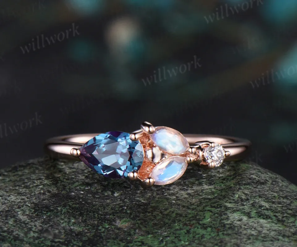 Pear alexandrite engagement ring rose gold five stone moonstone dainty Multi-Stone Rings unique June birthstone anniversary ring women sold by Willwork Jewelry
