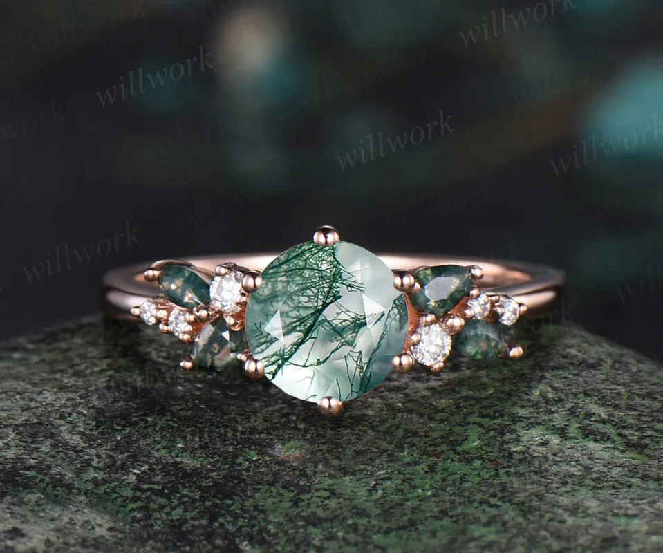 1ct Round cut green moss agate engagement ring rose gold 6 prong snowdrift diamond anniversary promise ring women sold by Willwork Jewelry