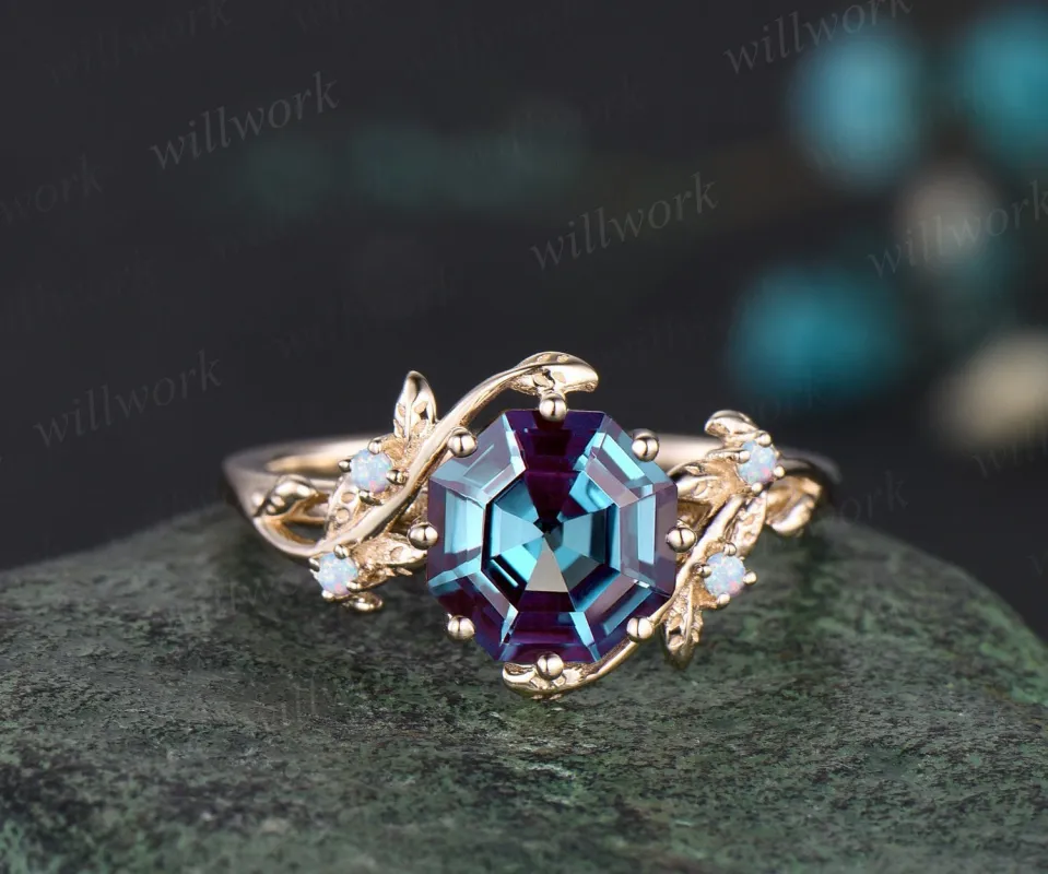 Octagon Alexandrite ring vintage five stone opal ring leaf nature inspired unique engagement ring rose gold antique wedding ring women made by Willwork Jewelry
