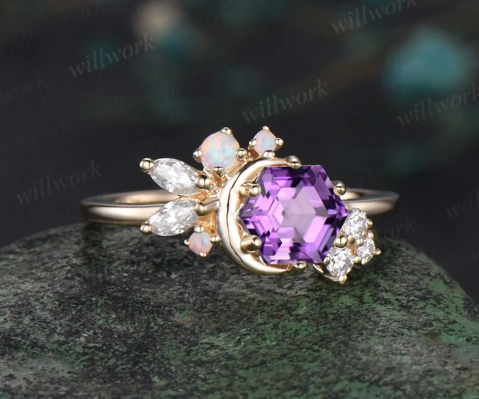 Hexagon cut amethyst engagement ring solid 14k yellow gold moon opal ring vintage cluster diamond Crystal wedding anniversary ring women sold by Willwork Jewelry