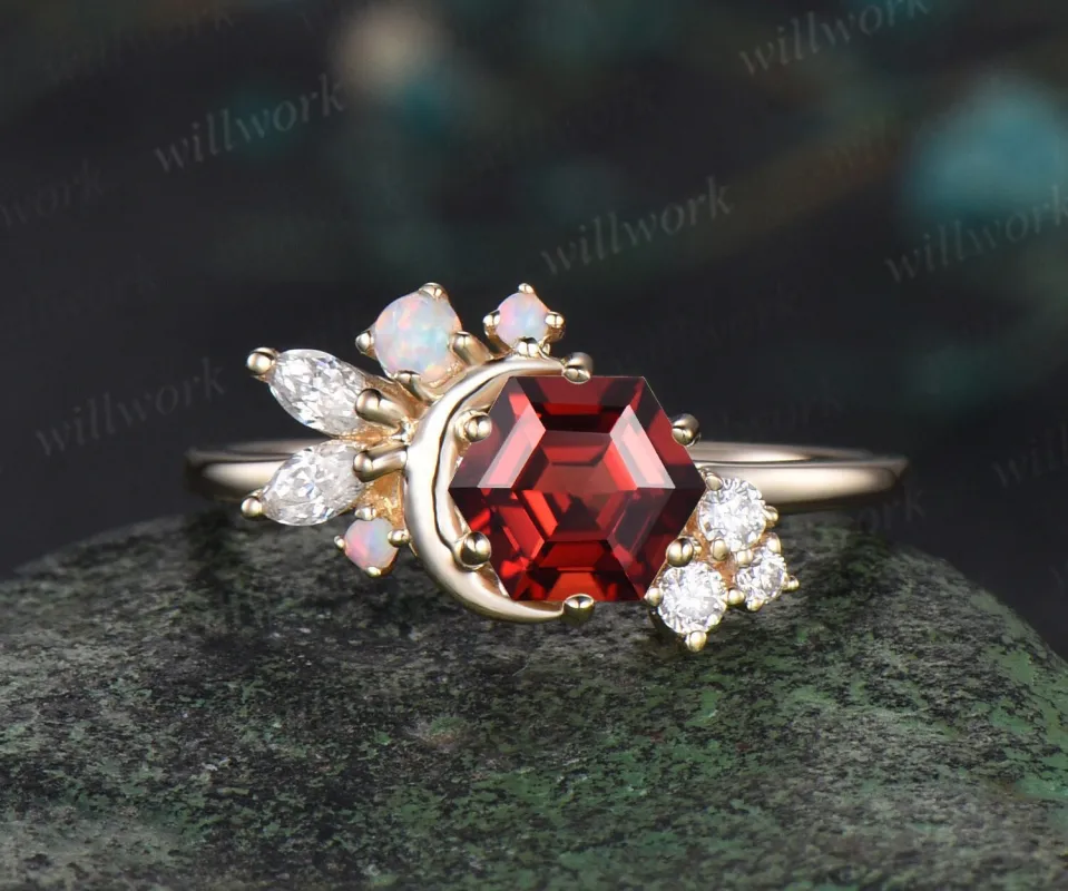 Hexagon cut red garnet engagement ring solid 14k yellow gold moon opal ring vintage cluster diamond promise wedding anniversary ring women sold by Willwork Jewelry