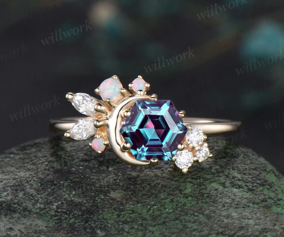 Hexagon cut alexandrite ring yellow gold vintage moon engagement ring dainty cluster diamond opal ring women unique anniversary wedding ring sold by Willwork Jewelry