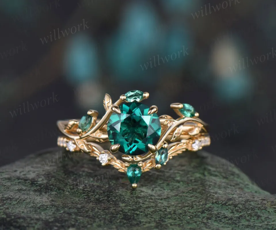 Vintage round cut green emerald engagement ring yellow gold cluster leaf nature inspired moissanite bridal promise wedding ring set women made by Willwork Jewelry