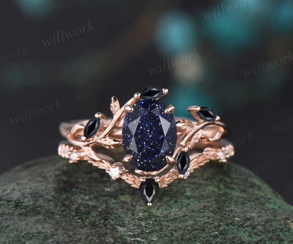 Vintage oval cut blue sandstone engagement ring solid 14k rose gold art deco leaf nature inspired black spinel bridal wedding ring set women sold by Willwork Jewelry