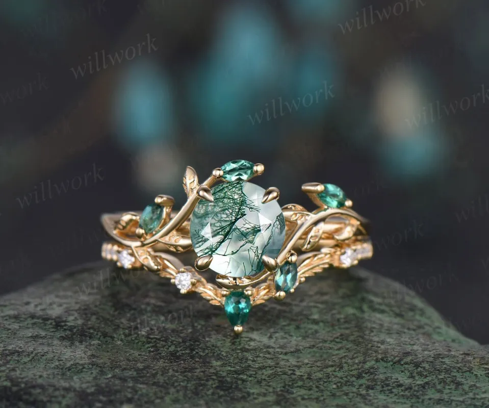 Vintage round cut green moss agate engagement ring yellow gold emerald art deco leaf nature inspired bridal promise wedding ring set women sold by Willwork Jewelry