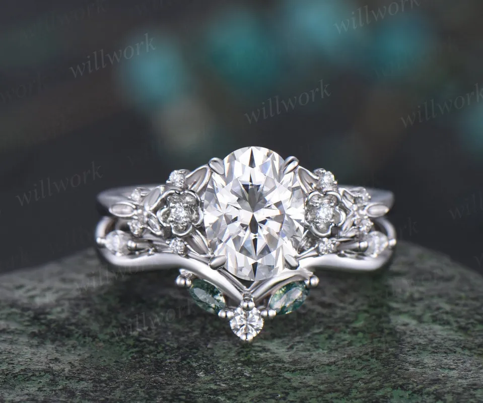 Vintage oval cut moissanite engagement ring leaf floral white gold diamond moss agate ring art deco wedding promise ring set women made by Willwork Jewelry