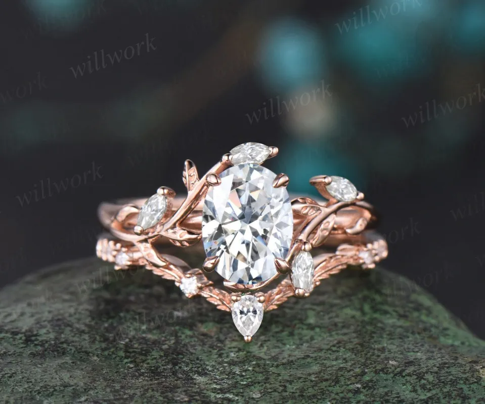Vintage oval cut moissanite engagement ring 14k rose gold leaf nature inspired ring women unique cluster diamond bridal wedding ring set sold by Willwork Jewelry