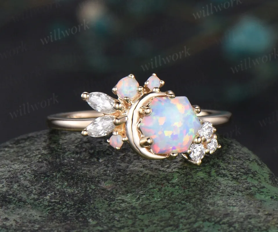 Hexagon white opal engagement ring solid 14k yellow gold cluster moon ring vintage cluster diamond promise wedding anniversary ring women sold by Willwork Jewelry