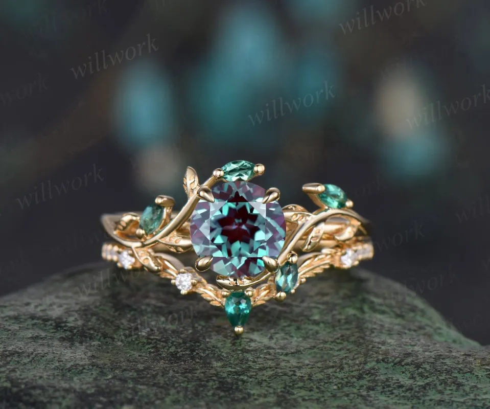Vintage round cut Alexandrite engagement ring 14k yellow gold cluster leaf nature inspired emerald bridal promise wedding ring set women sold by Willwork Jewelry