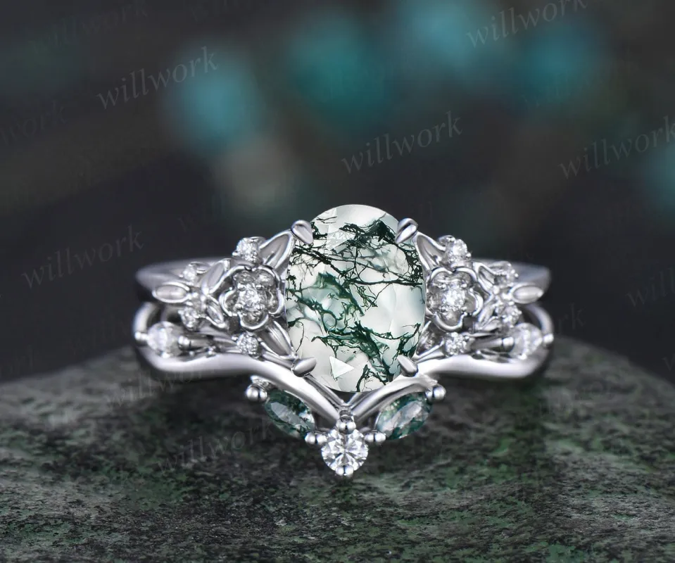Vintage oval cut green moss agate engagement ring leaf floral solid 14k white gold diamond ring art deco wedding promise ring set women sold by Willwork Jewelry