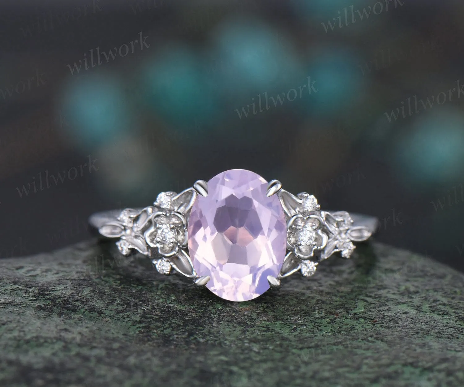 Vintage oval cut Lavender Amethyst engagement ring leaf floral 14k white gold diamond opal ring art deco wedding promise ring set women gift sold by Willwork Jewelry product image thumbnail 4