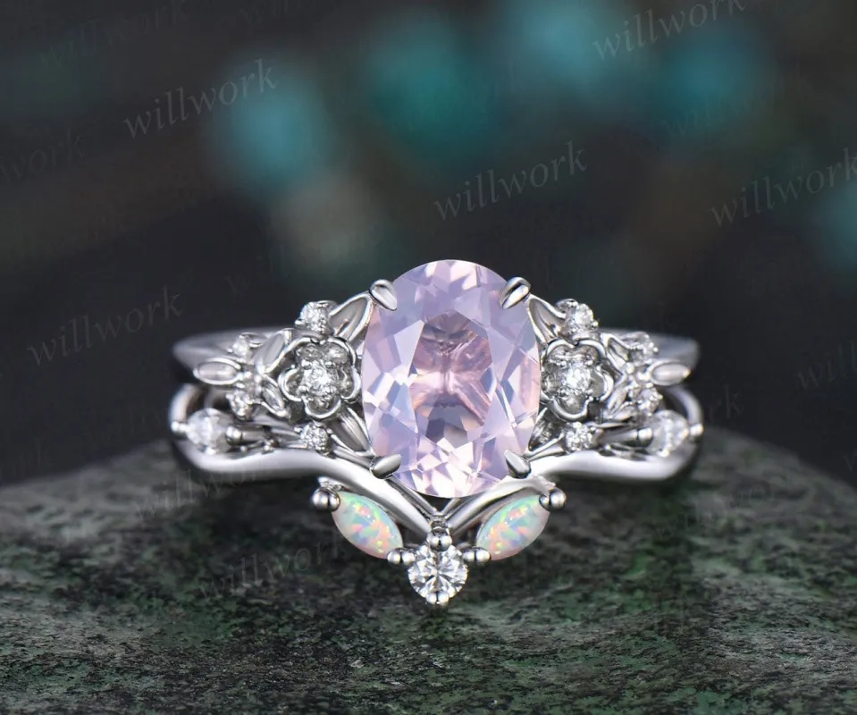 Vintage oval cut Lavender Amethyst engagement ring leaf floral 14k white gold diamond opal ring art deco wedding promise ring set women gift sold by Willwork Jewelry