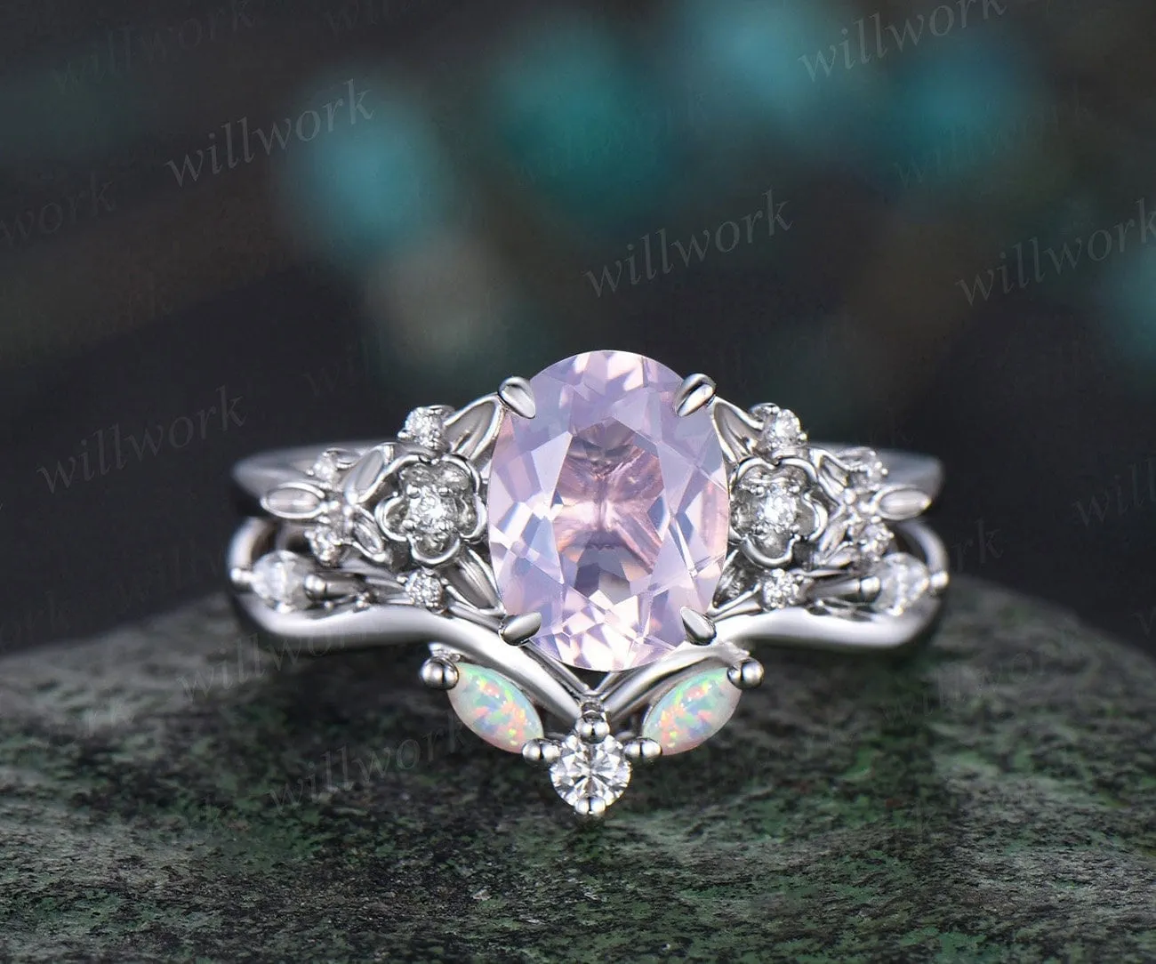 Vintage oval cut Lavender Amethyst engagement ring leaf floral 14k white gold diamond opal ring art deco wedding promise ring set women gift sold by Willwork Jewelry